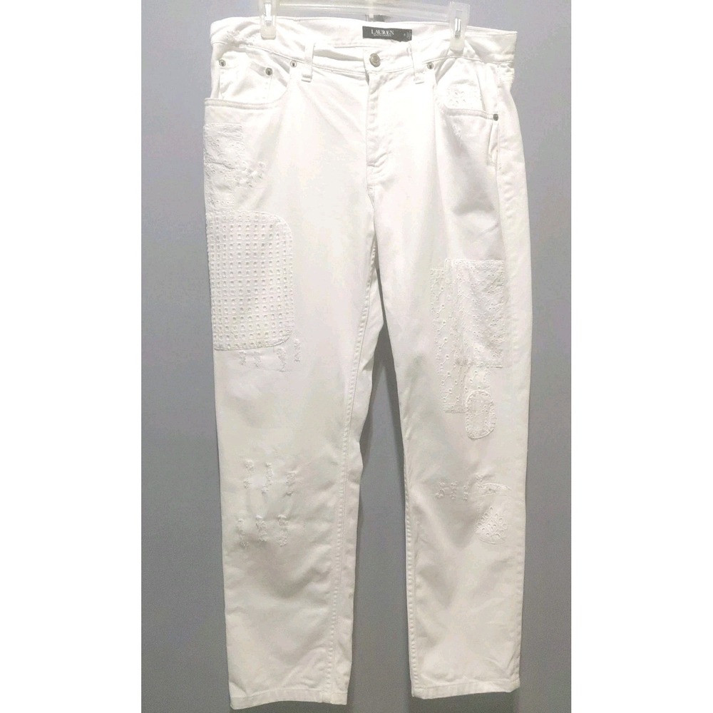 Ralph Lauren Black Label Womens 10 White Patchwork Jeans Distressed Adorable